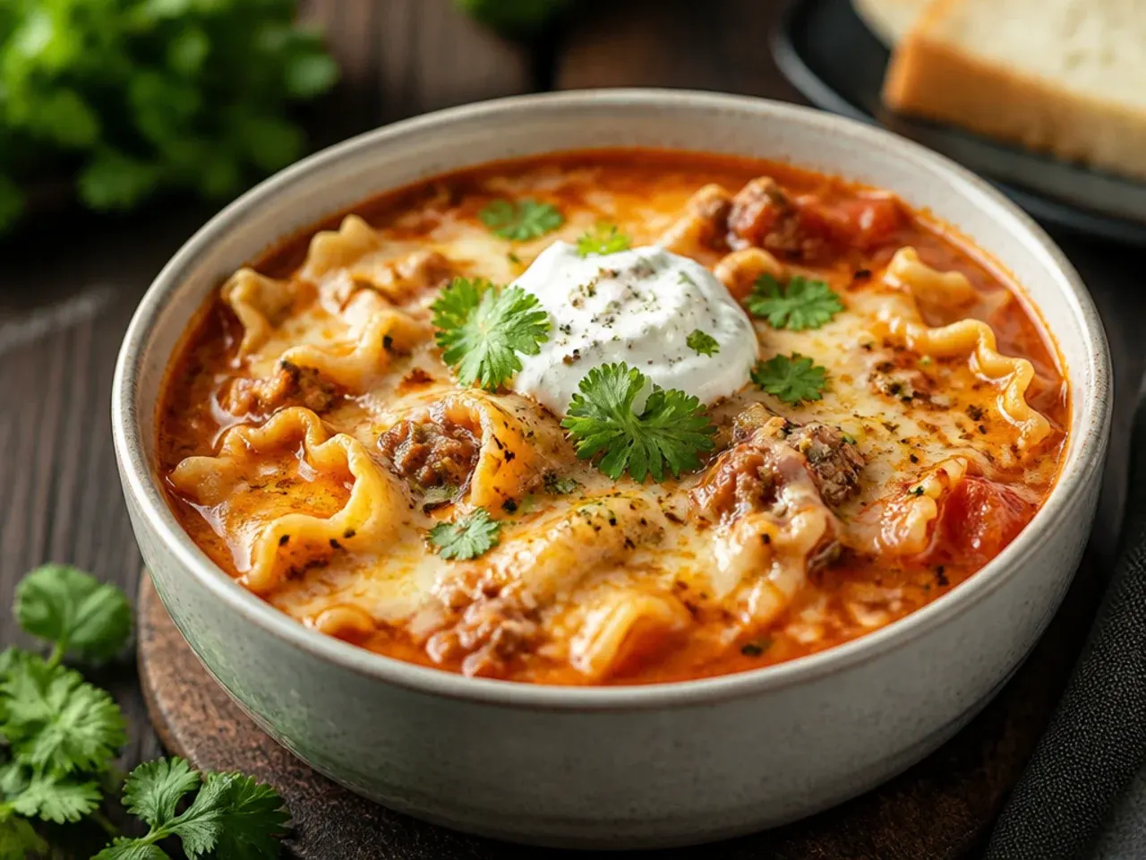 Extra cheesy crock pot lasagna soup with melted mozzarella strands and cheese on top