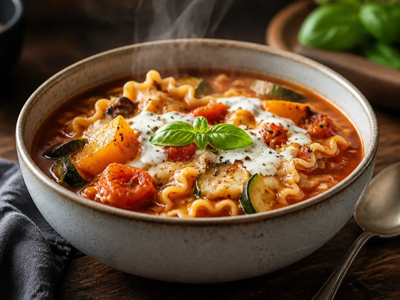 Comforting crock pot lasagna soup with courgette, mushrooms, and wilted spinach