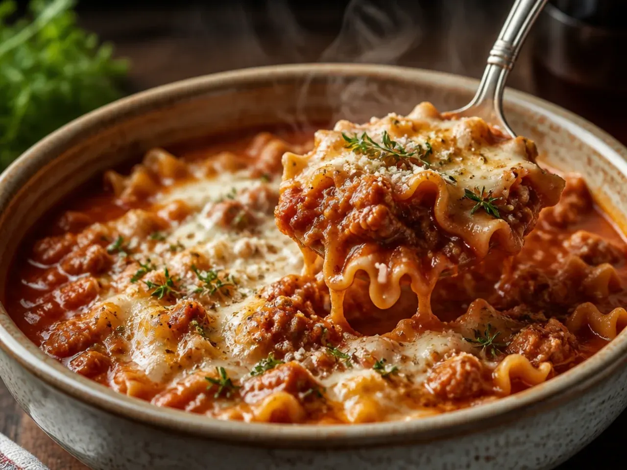 Rustic chunky crock pot lasagna soup with visible tomato pieces and hearty texture