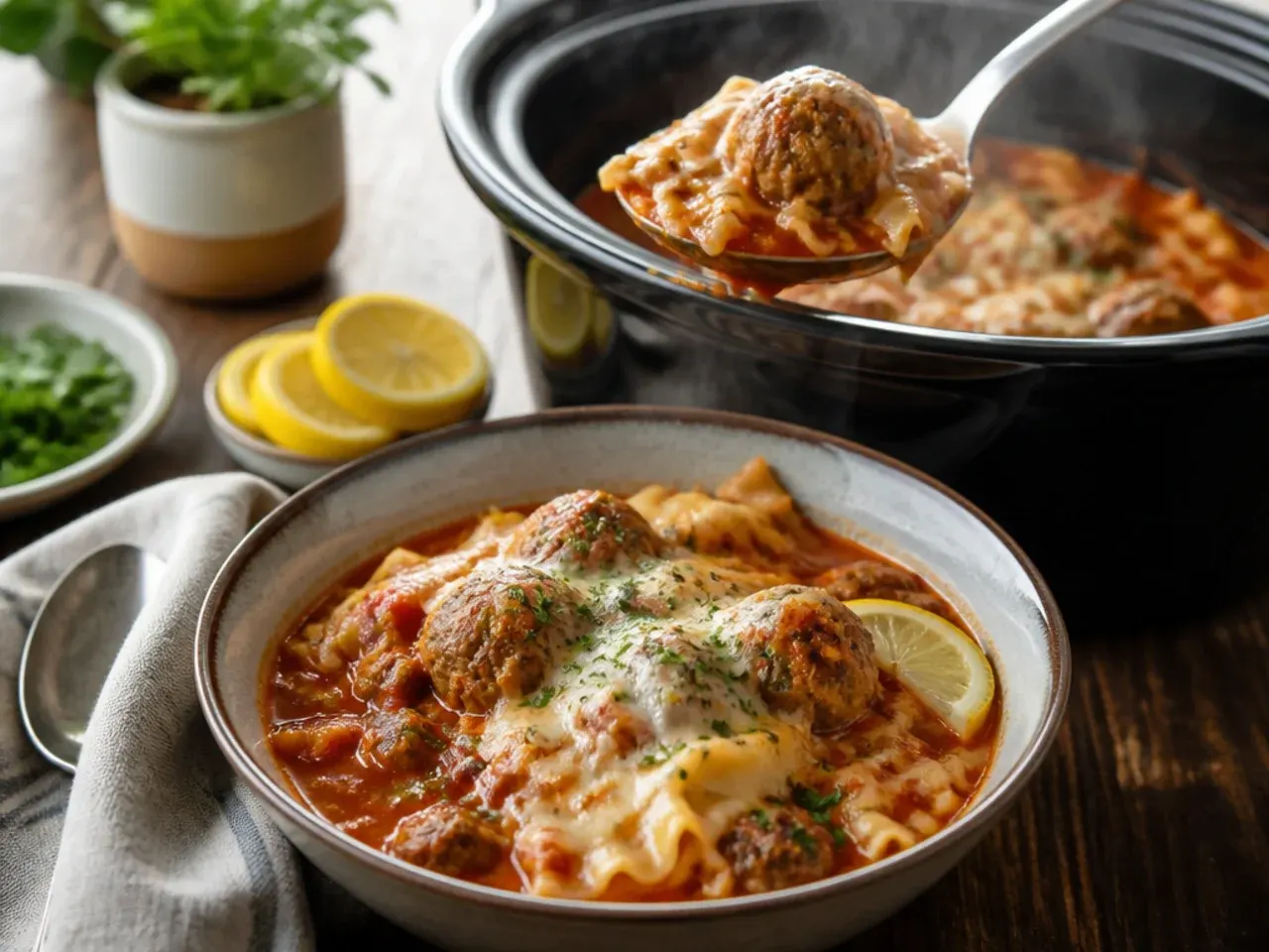 Loaded crock pot lasagna soup with whole meatballs and pasta in tomato broth