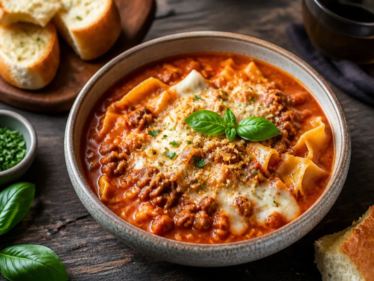 Best-ever crock pot lasagna soup with deep rich broth and fresh basil garnish