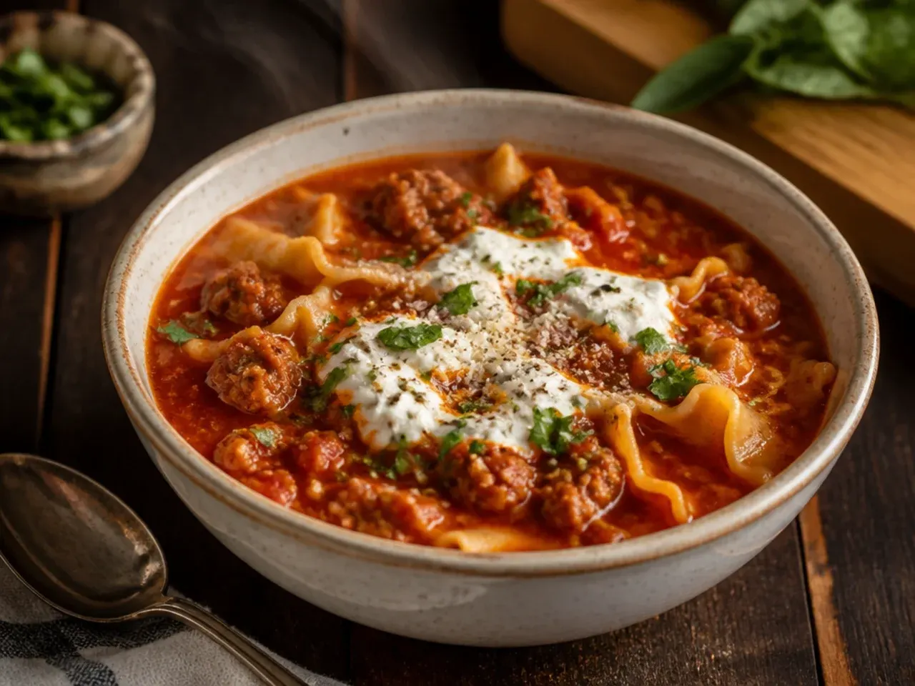 Spicy crock pot lasagna soup with hot Italian sausage and red pepper flakes