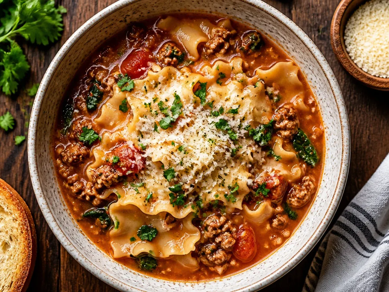 Lighter crock pot lasagna soup made with ground turkey and fresh spinach