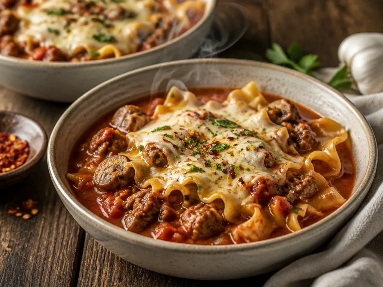 Hearty crock pot lasagna soup with sautéed mushrooms and ground beef