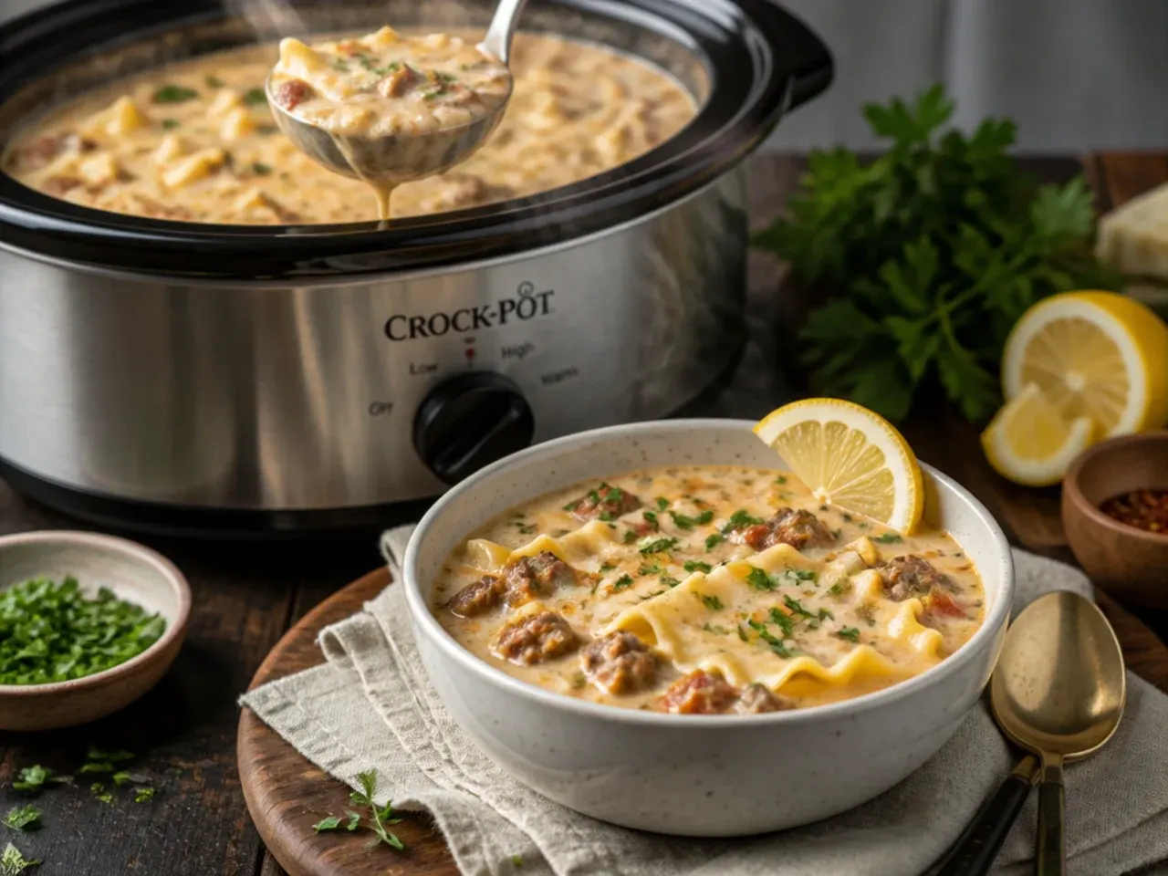 Creamy white crock pot lasagna soup with chicken in a rich cream-based broth