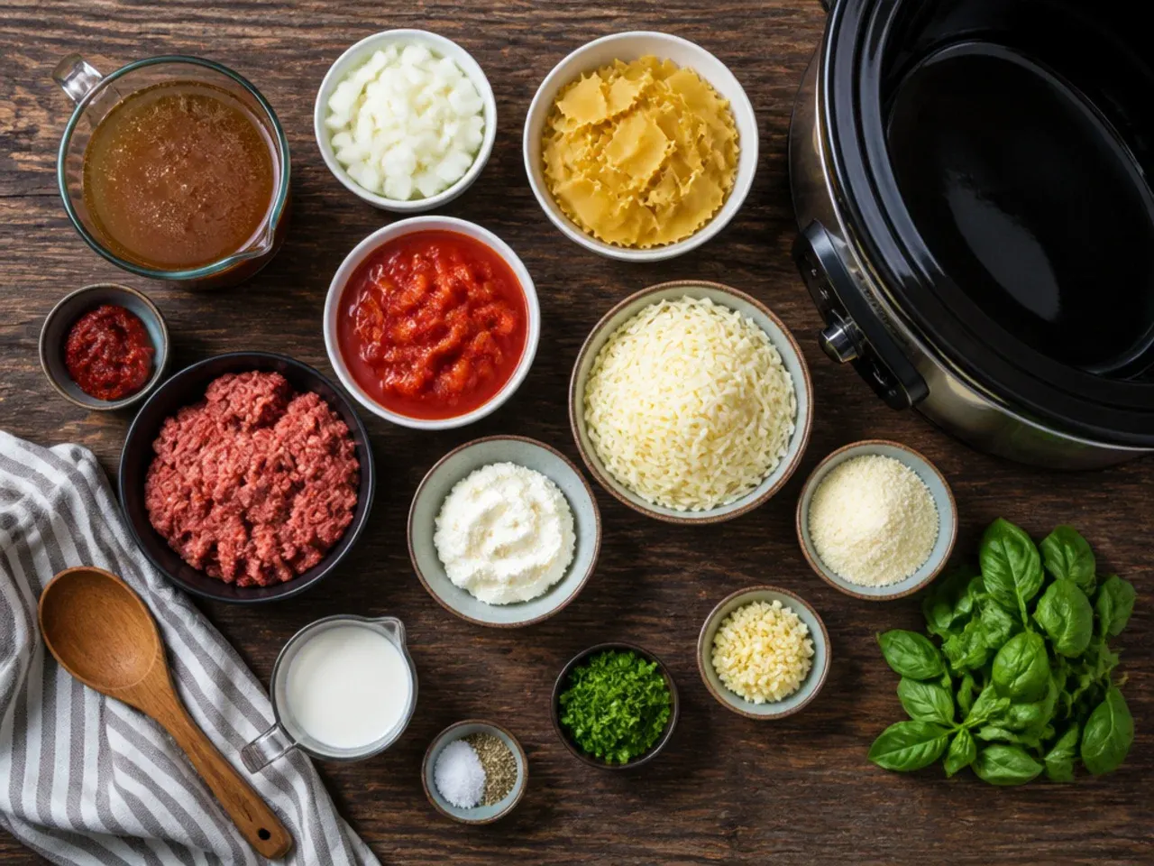 Hands stirring ricotta topping into a bowl of crock pot lasagna soup