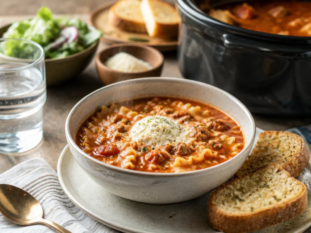 Crock pot lasagna soup served with garlic bread and a side salad on a table