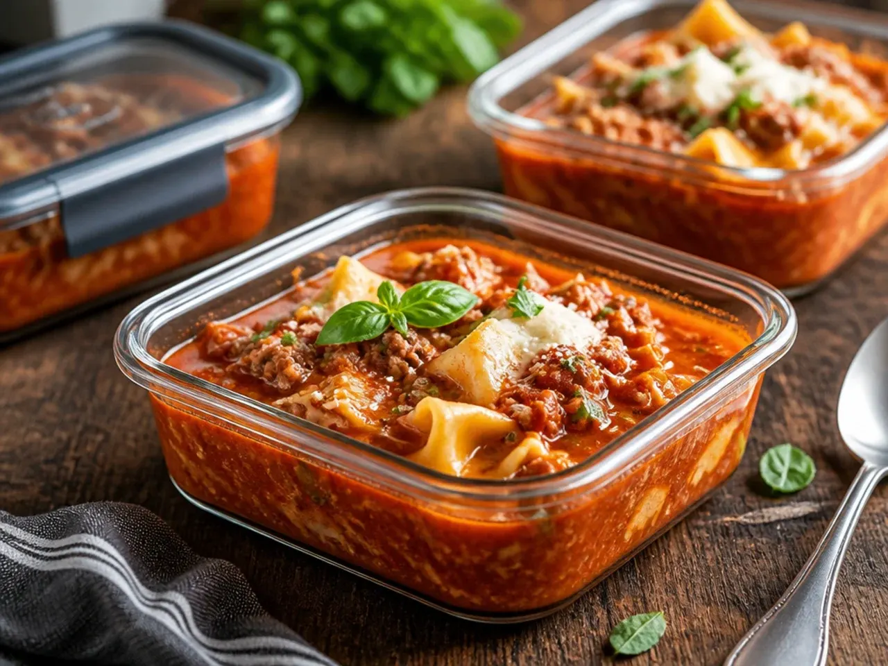 Container of leftover crock pot lasagna soup being reheated on the stove