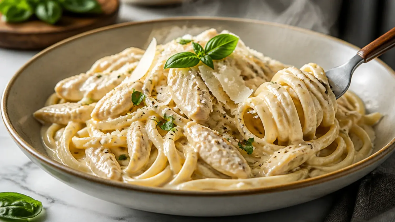 Bowl of creamy crockpot chicken alfredo pasta topped with shredded chicken, parsley and grated Parmesan cheese