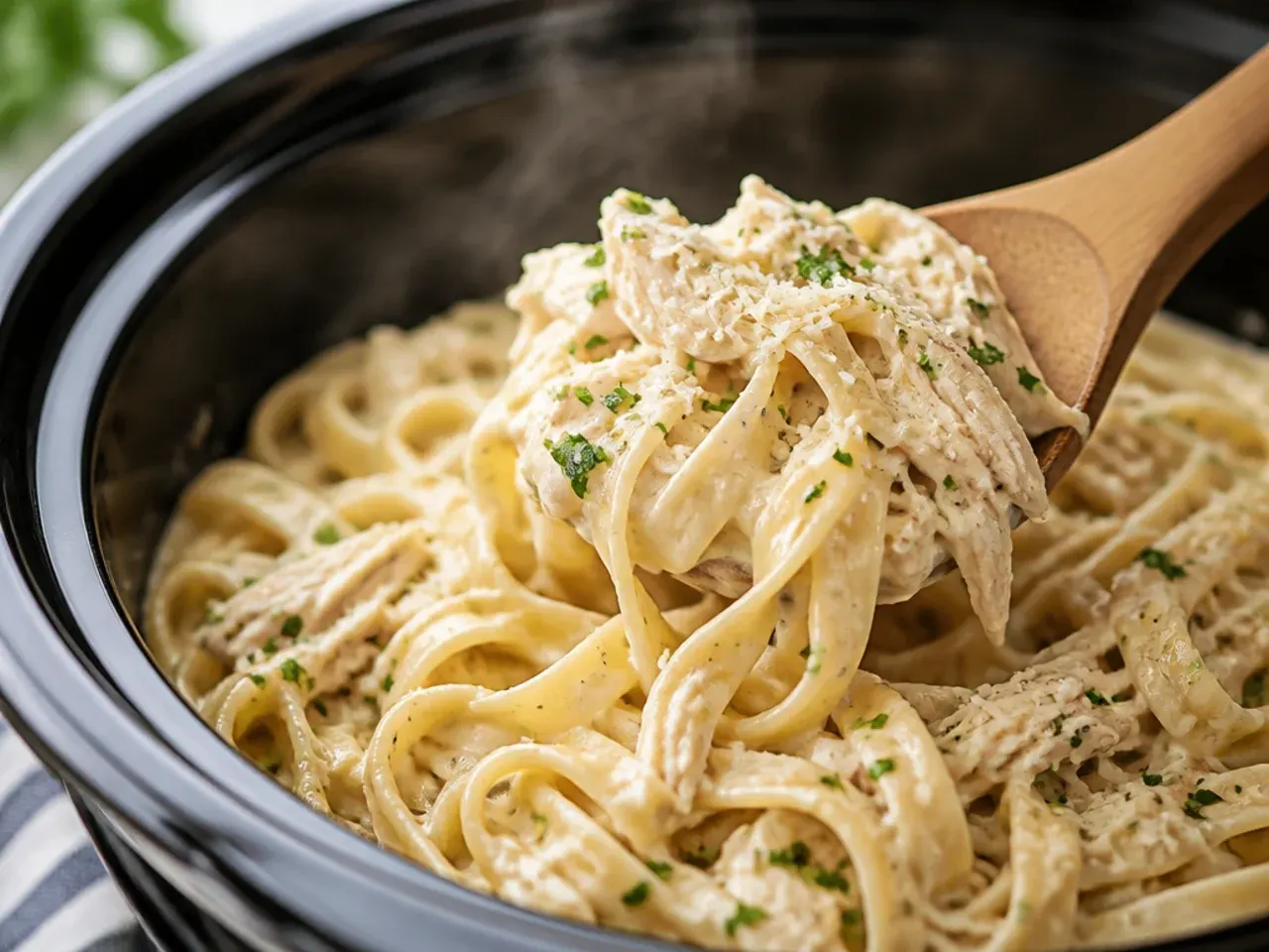 Slow cooker filled with creamy chicken alfredo pasta and fresh parsley garnish