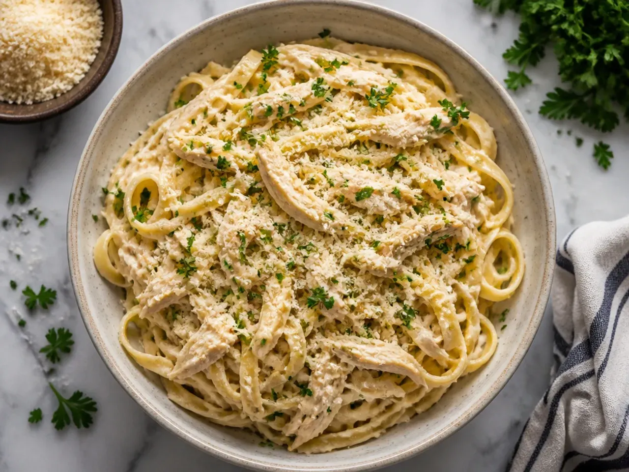 Classic crockpot chicken alfredo with fettuccine in a white bowl