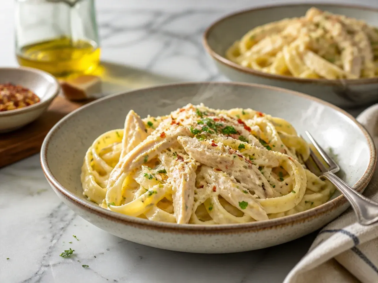 Jar of alfredo sauce being poured over chicken breasts in a slow cooker