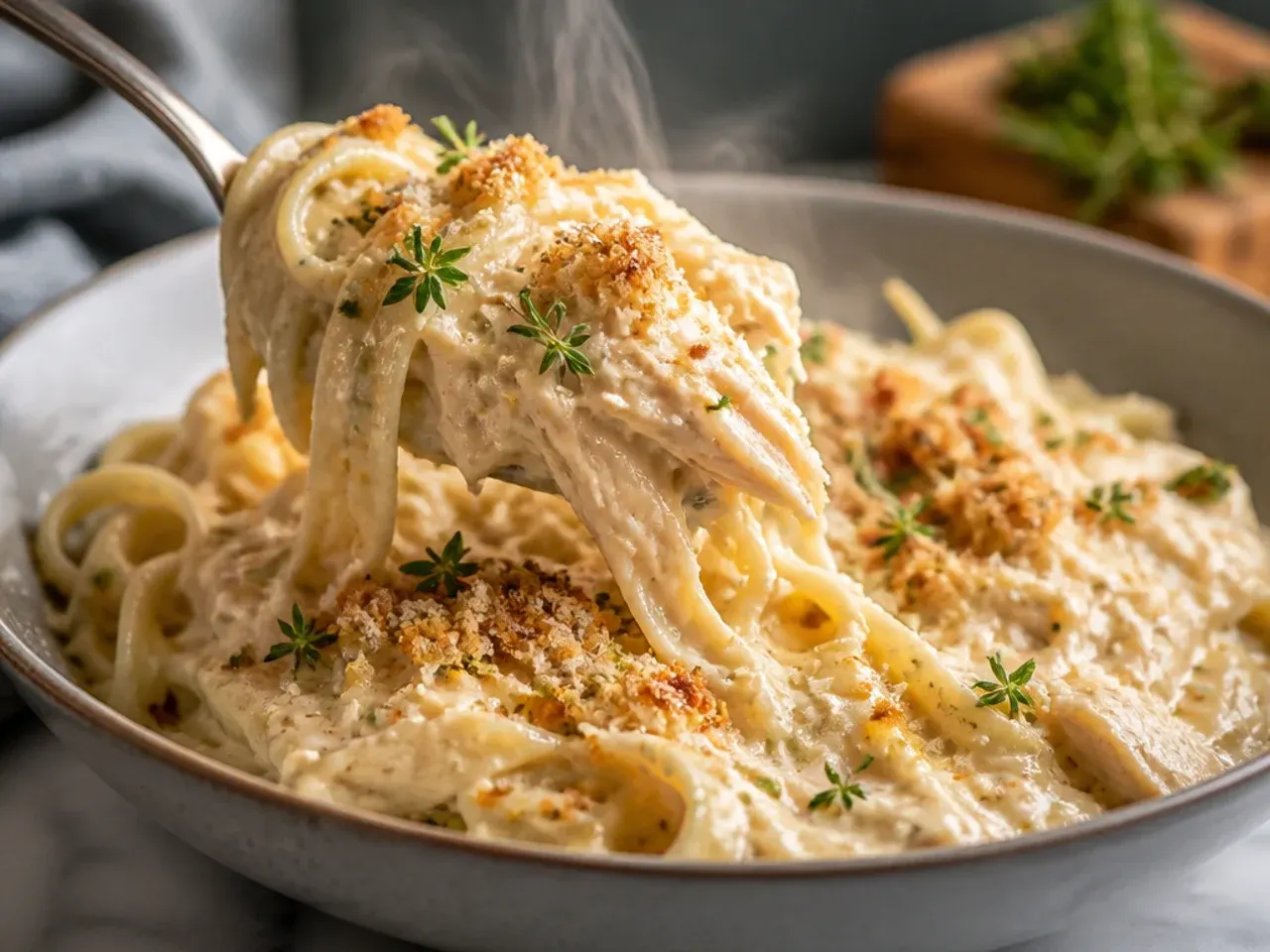 Crockpot chicken alfredo with penne pasta and crispy bacon pieces