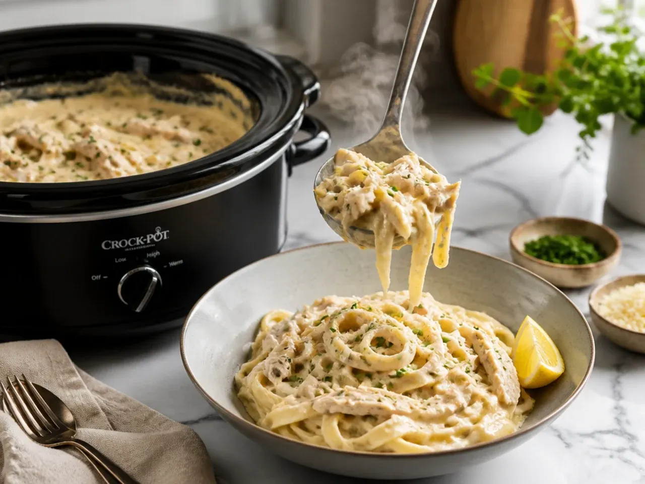 Crockpot chicken alfredo with sautéed mushrooms and wilted spinach