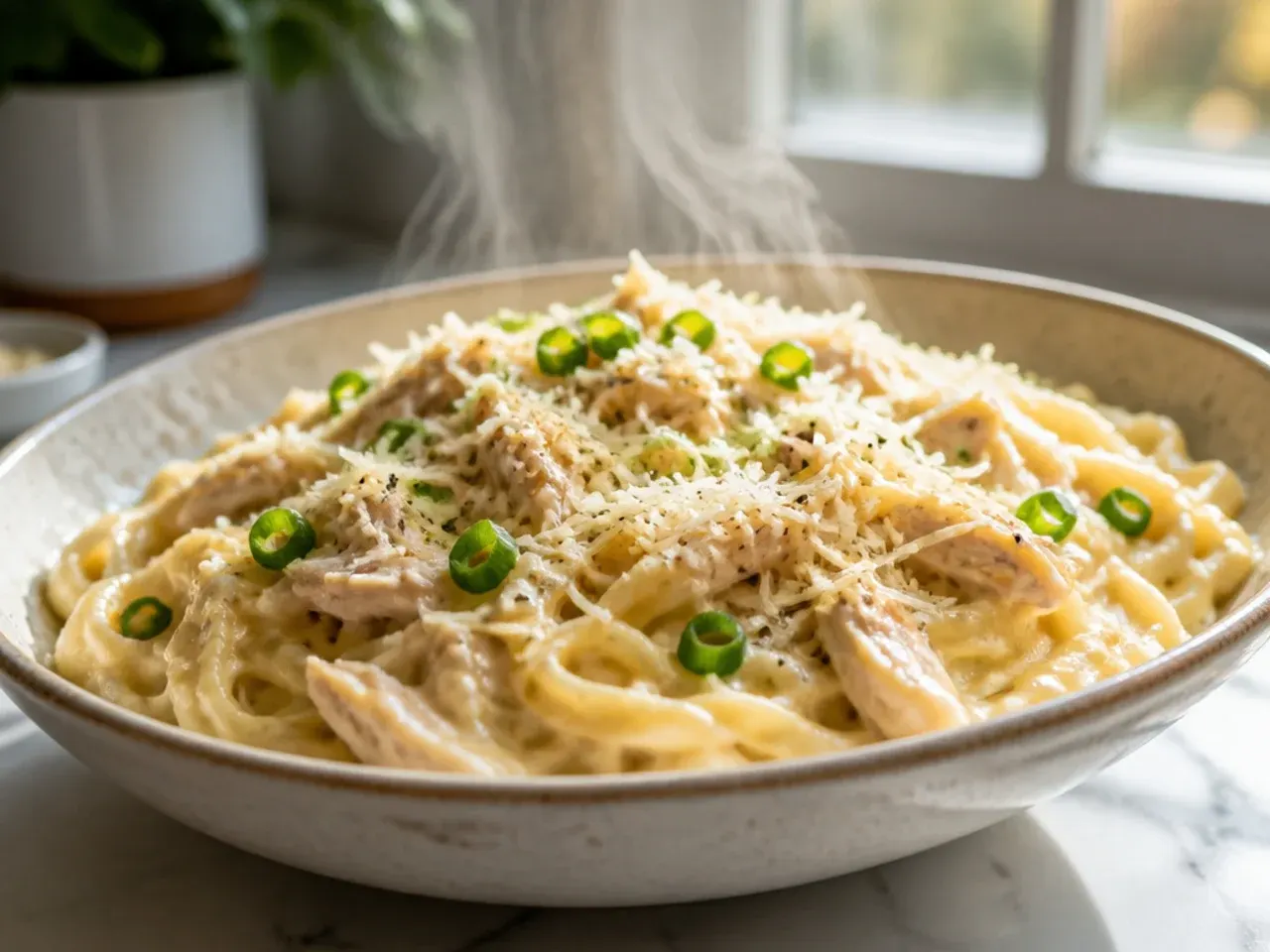 Extra creamy crockpot chicken alfredo being lifted with a fork