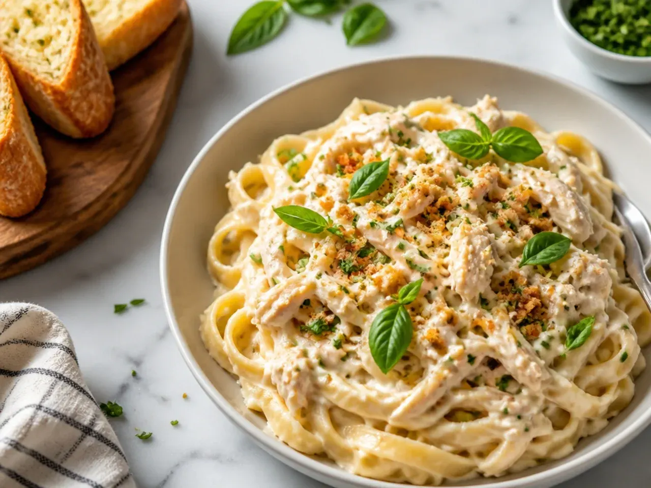 Simple three-ingredient crockpot chicken alfredo in a slow cooker