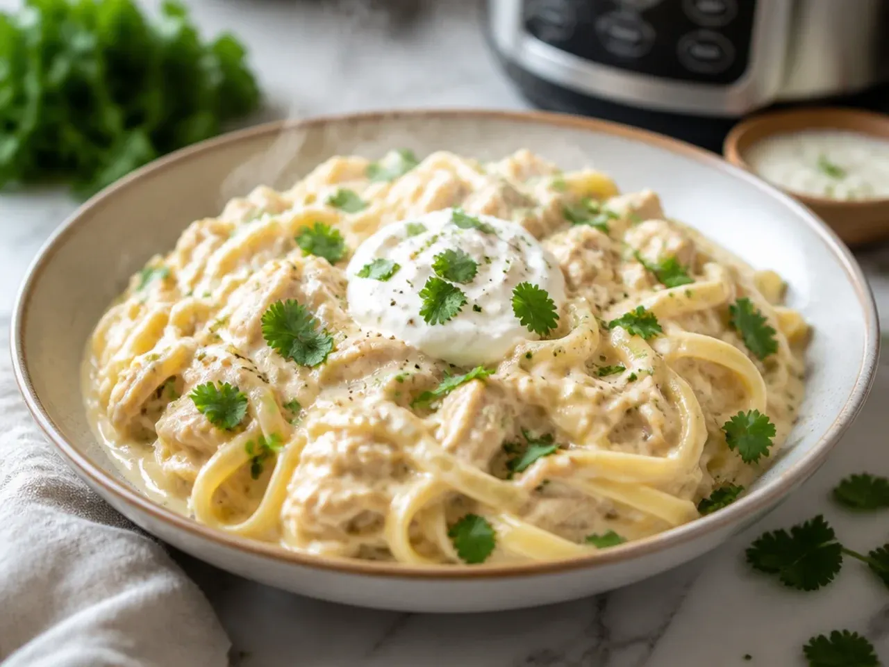 Overhead shot of cheese pull from a bowl of cheesy chicken alfredo