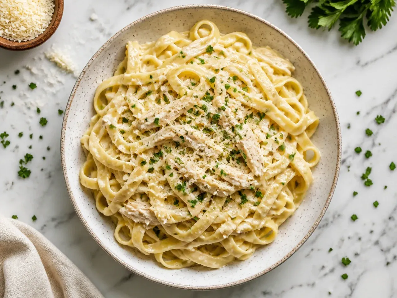 Budget crockpot chicken alfredo made with chicken thighs