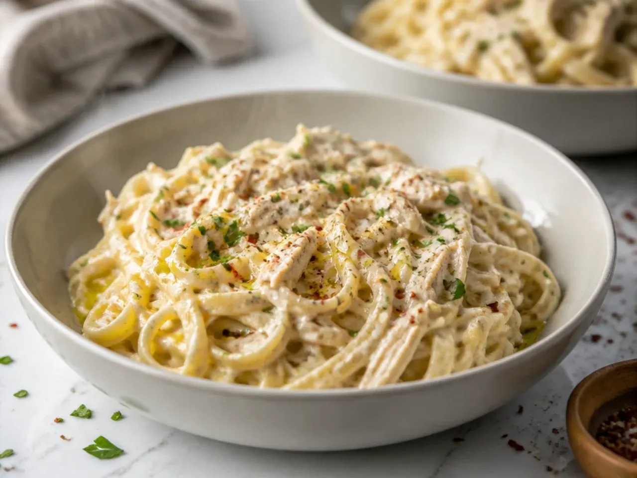 Weeknight crockpot chicken alfredo served in bowls on a busy dinner table