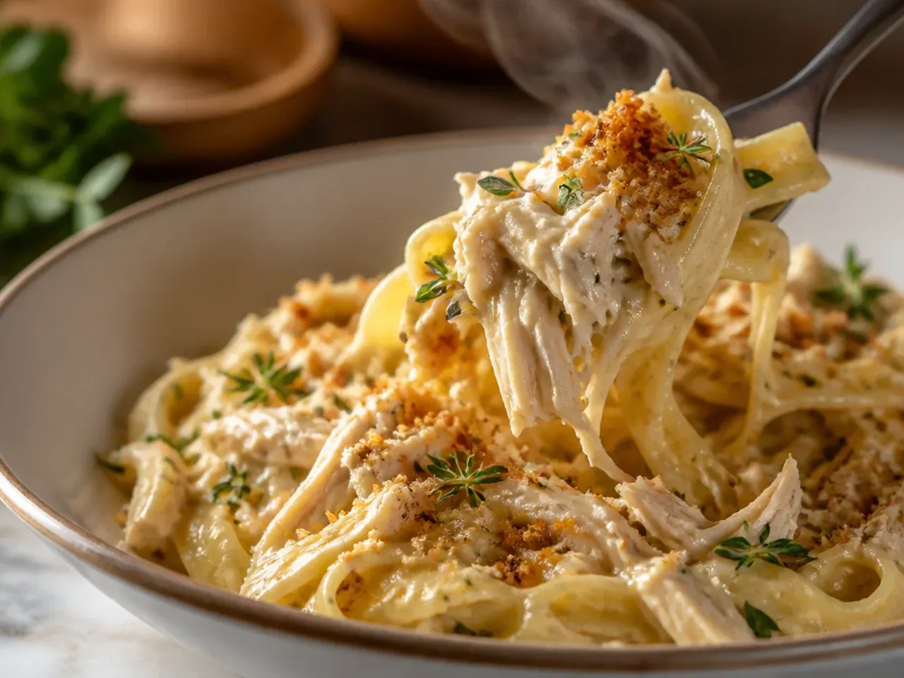 Rustic crockpot chicken alfredo with sun-dried tomatoes and fresh basil
