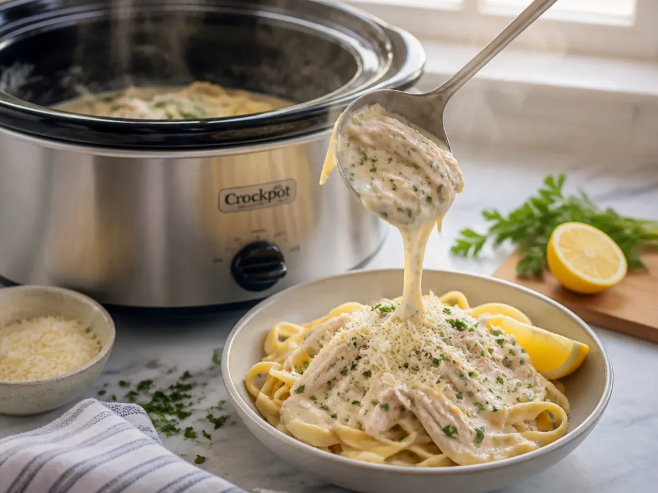 Loaded bacon ranch crockpot chicken alfredo topped with cheddar and spring onion