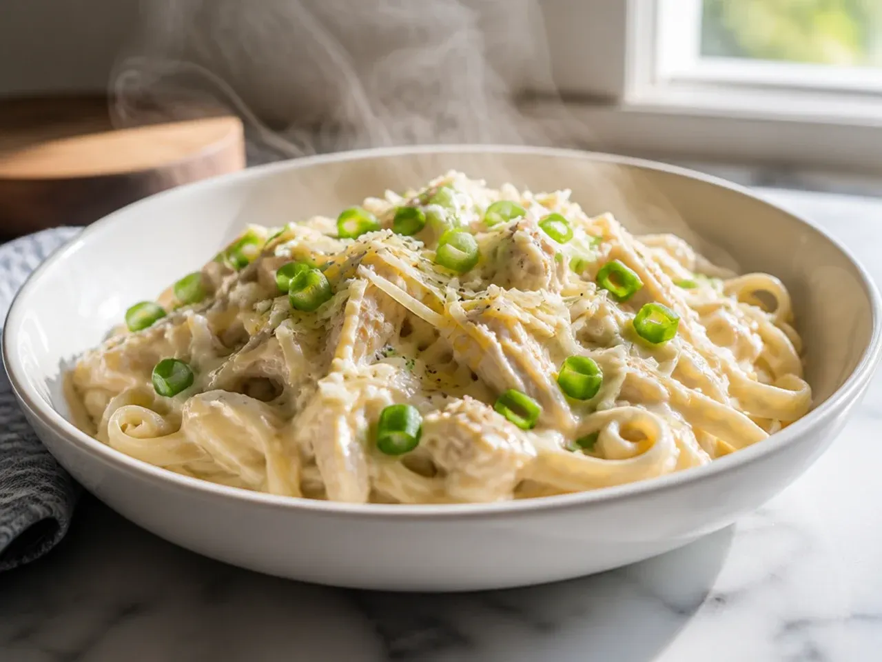 Baked family-size chicken alfredo casserole with golden bubbling cheese