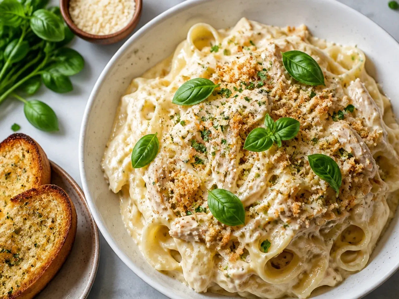 Best-ever garlic parmesan crockpot chicken alfredo close-up