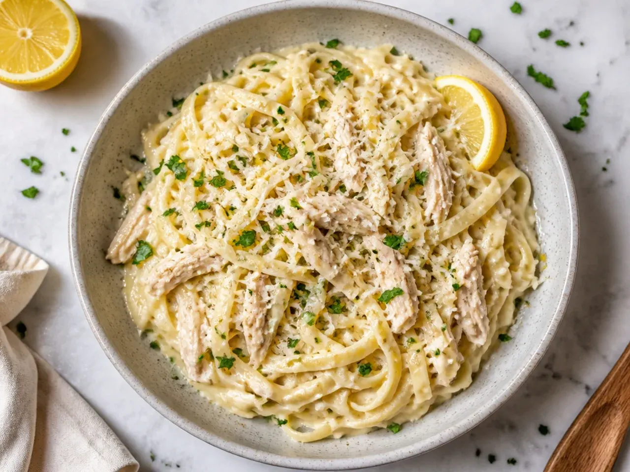 Lemon garlic crockpot chicken alfredo garnished with lemon zest and thyme
