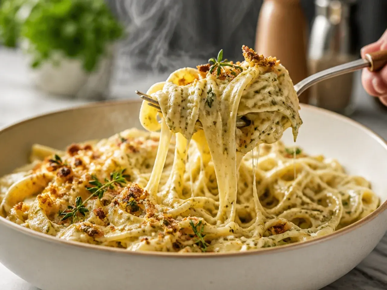 Bowl of crockpot chicken alfredo with a swirl of green basil pesto