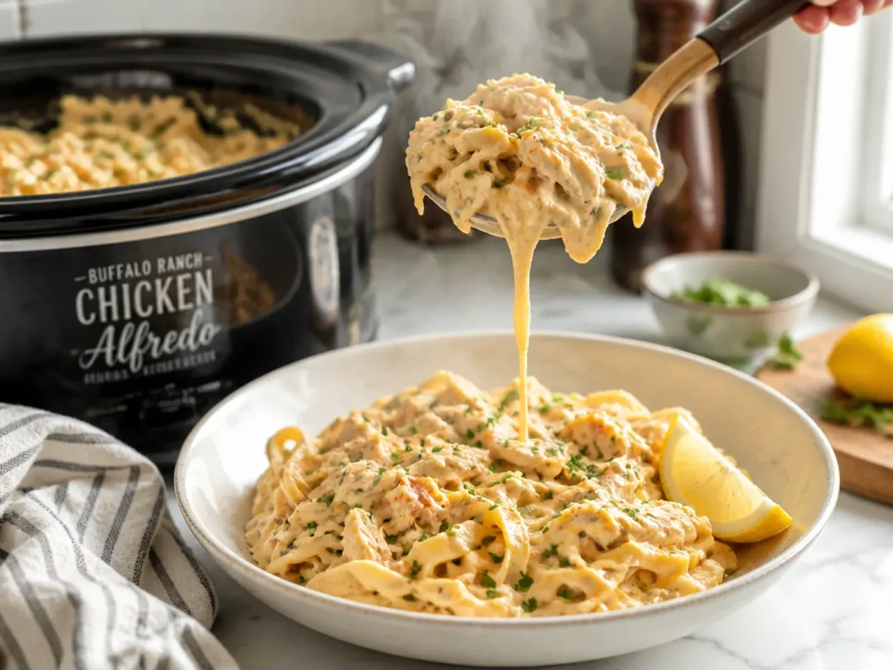 Buffalo ranch crockpot chicken alfredo topped with blue cheese crumbles