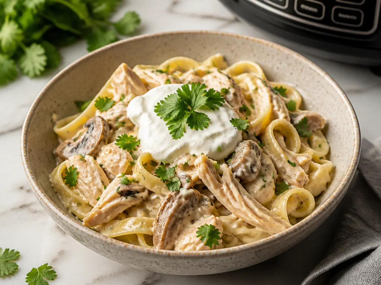 Chicken and mushroom crockpot alfredo with deeply browned mushrooms