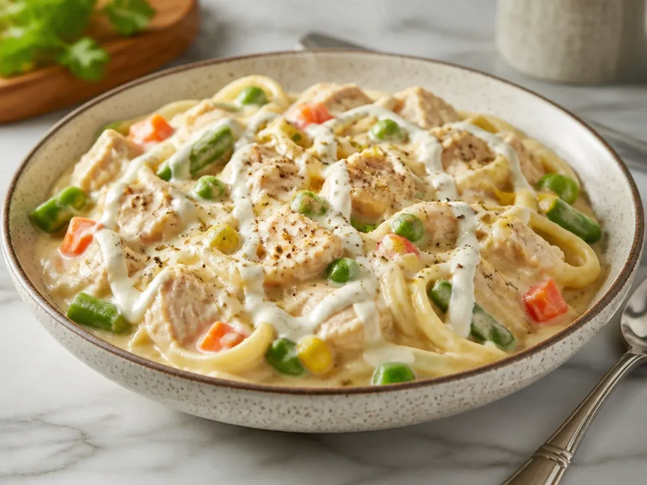 Crockpot chicken alfredo with frozen mixed vegetables stirred through