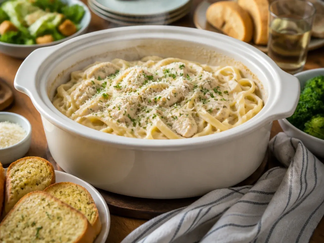 Crockpot chicken alfredo served with garlic bread and a green salad