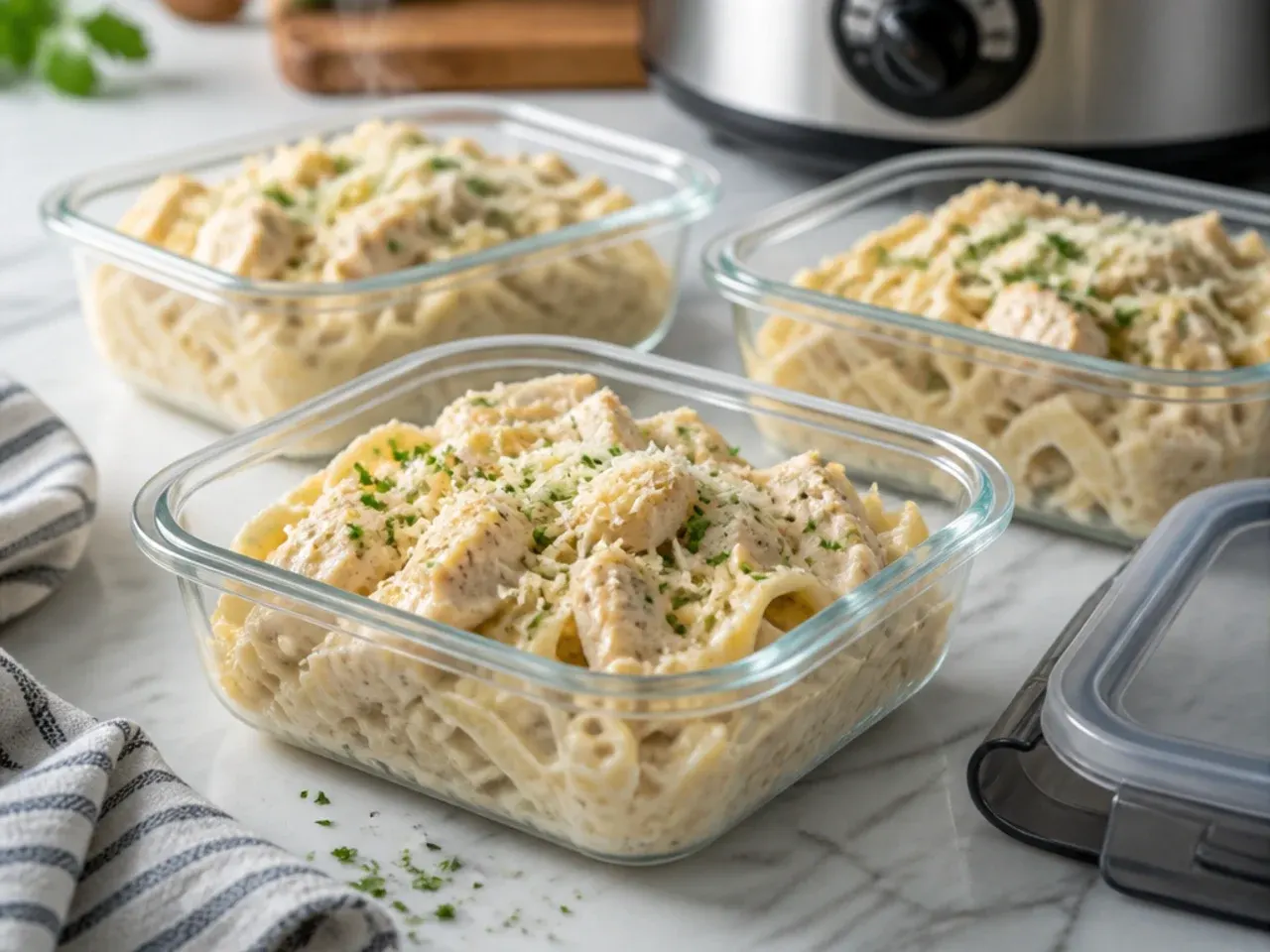 Airtight container of leftover crockpot chicken alfredo in the fridge