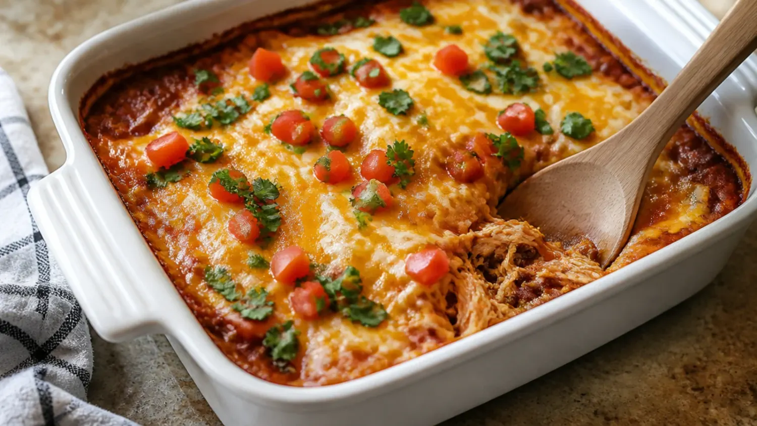 A crockpot chicken enchilada casserole in the slow cooker insert with melted cheese and coriander on top