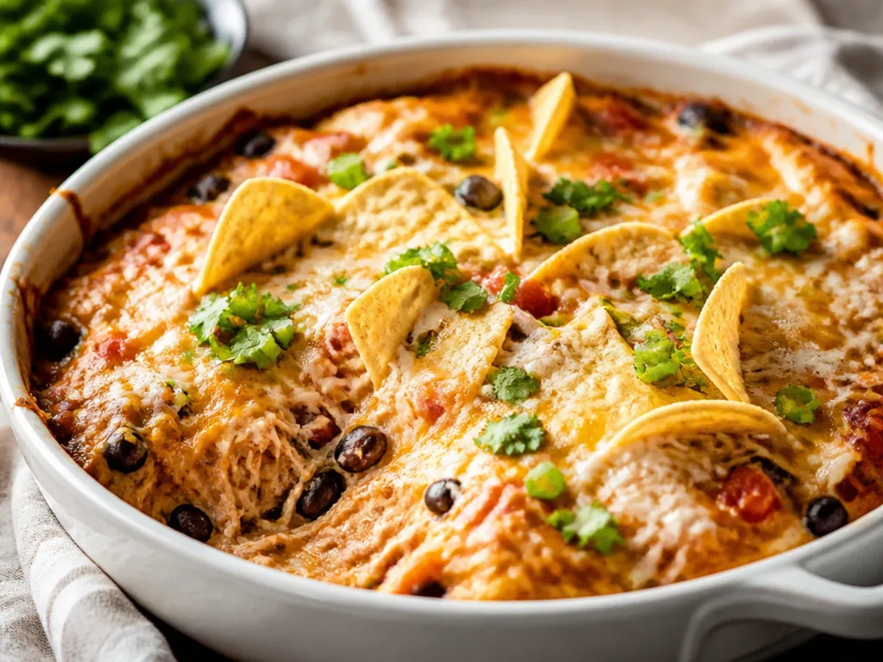 Overhead view of a crockpot chicken enchilada casserole with melted cheese, ready to serve