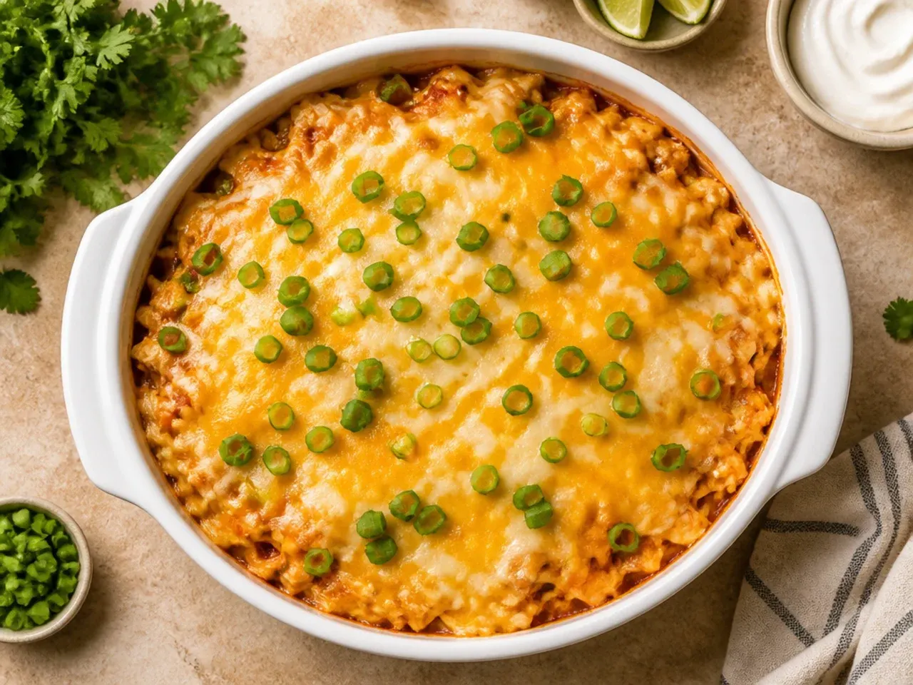 Layers of tortilla, shredded chicken and red enchilada sauce in a slow cooker insert