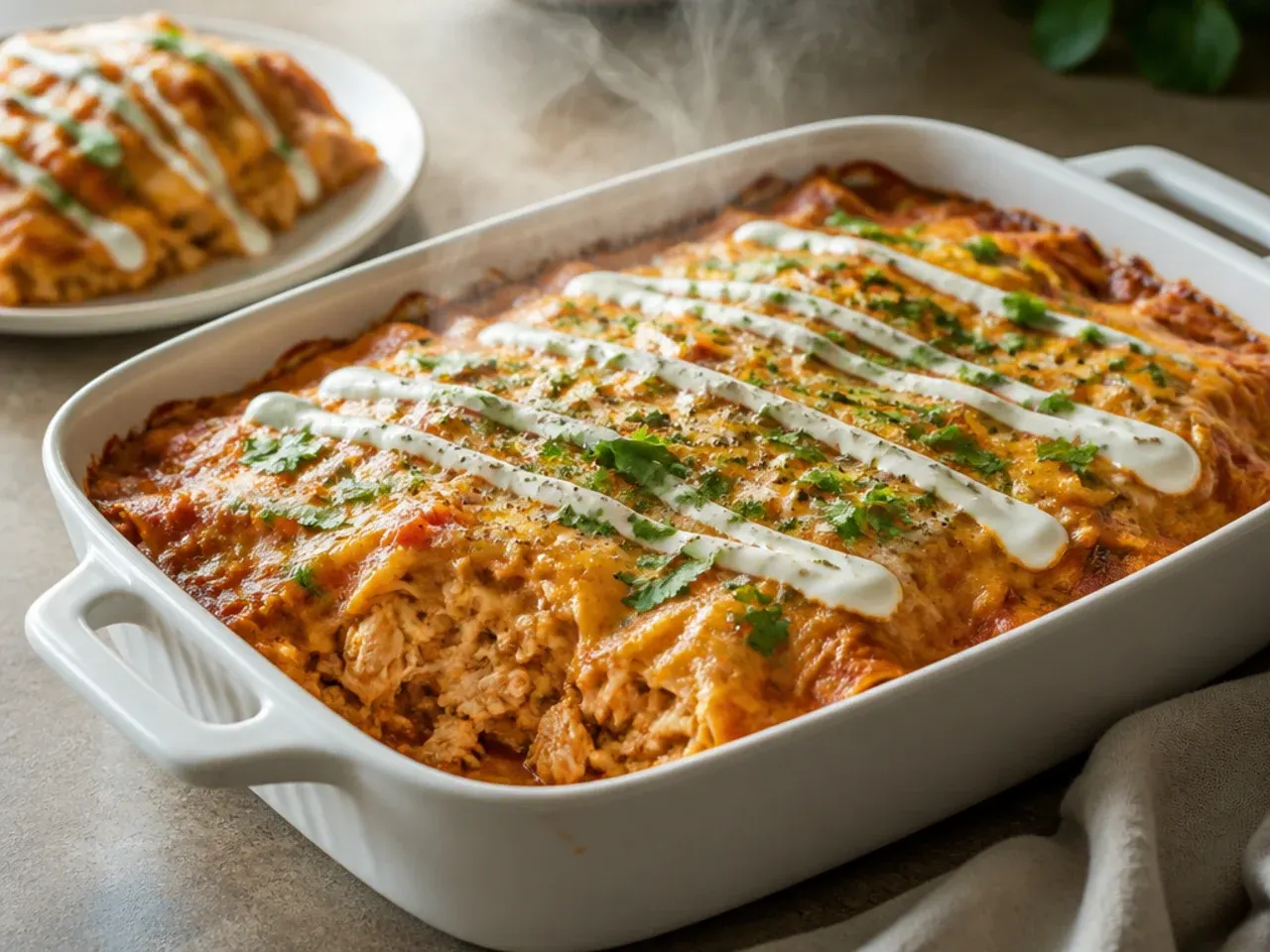Shredded rotisserie chicken being stirred through enchilada sauce in a mixing bowl