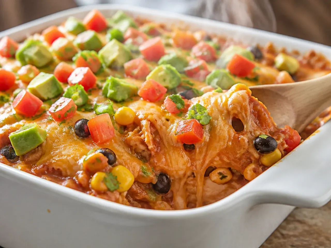 Creamy green salsa verde chicken enchilada casserole topped with melted Monterey Jack