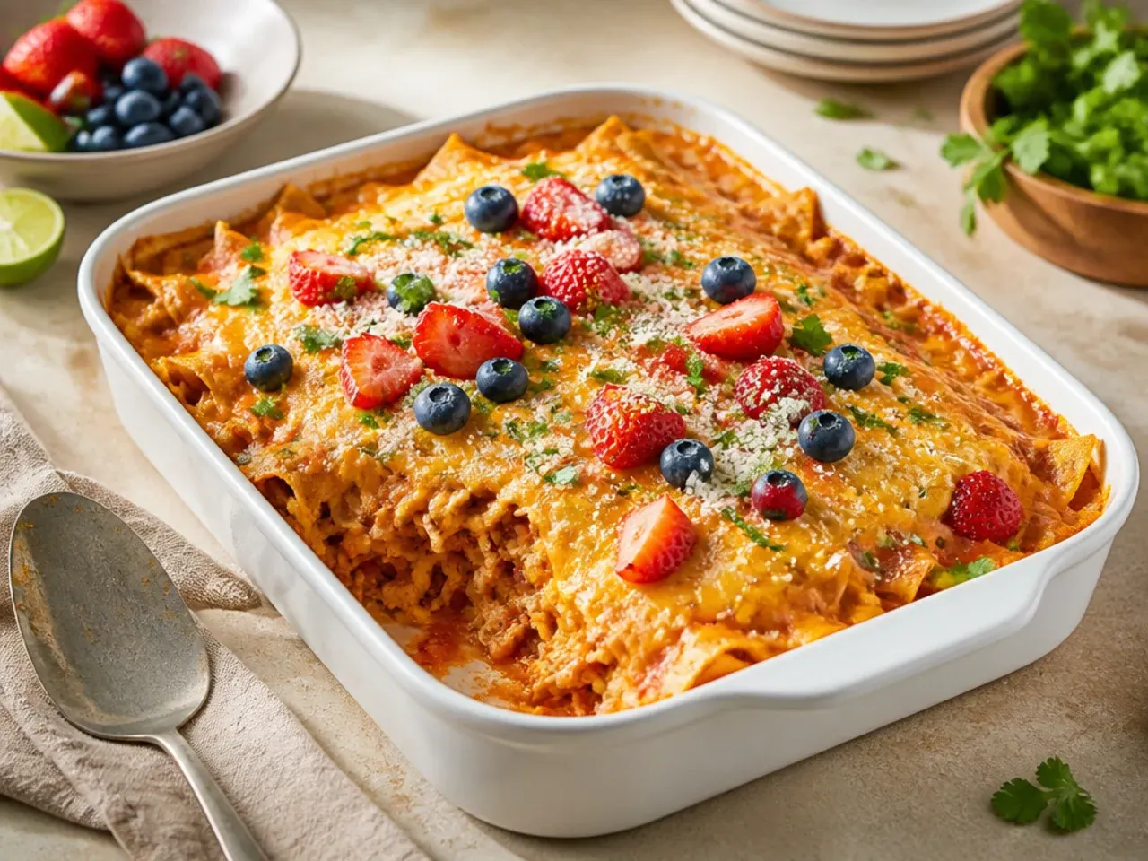 A simple four-ingredient chicken enchilada casserole in a slow cooker