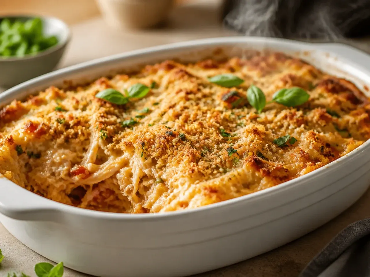 A spoon lifting a rich, creamy portion of chicken enchilada casserole from the crockpot