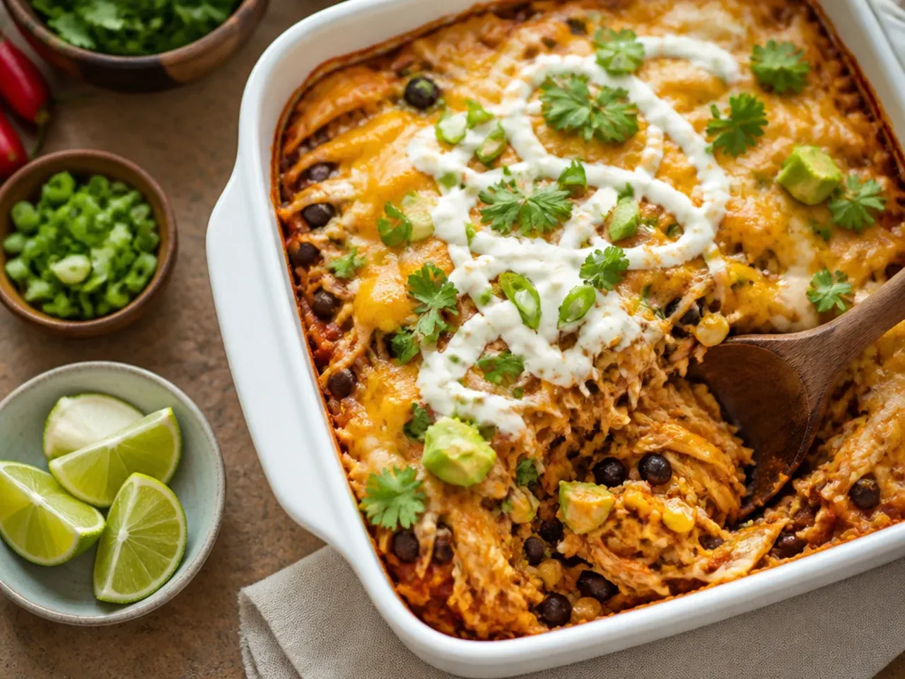 Loaded chicken enchilada casserole with black beans, sweetcorn and red pepper visible in the layers
