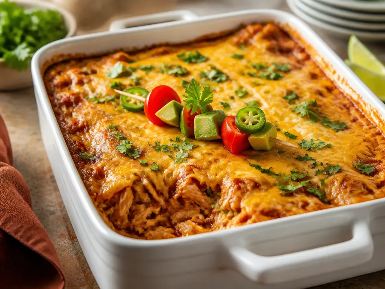 A three-cheese chicken enchilada casserole with red and green sauce swirled through it
