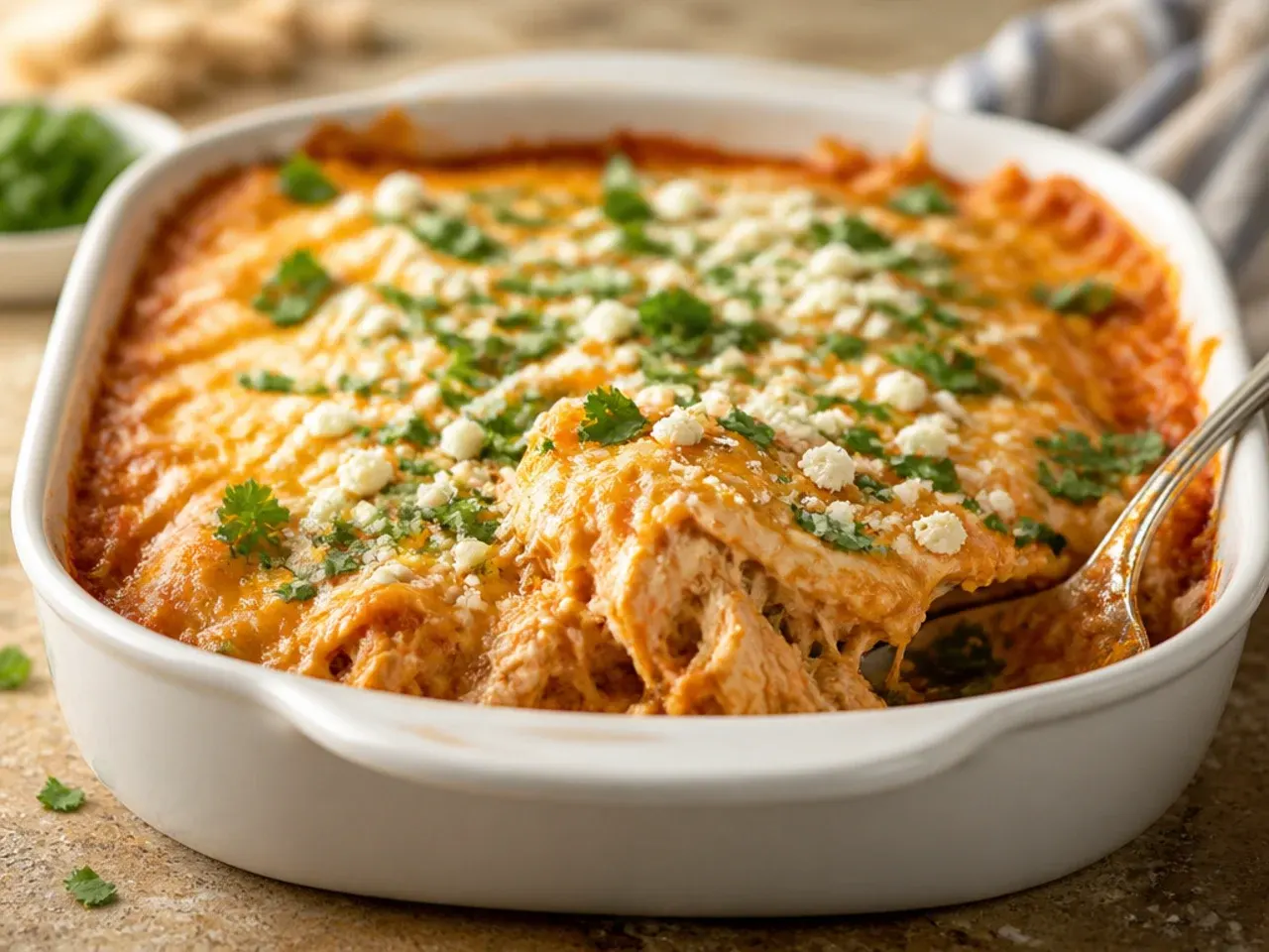 Extra-cheesy chicken enchilada casserole with melted cheddar and pepper jack stretching from a spoon