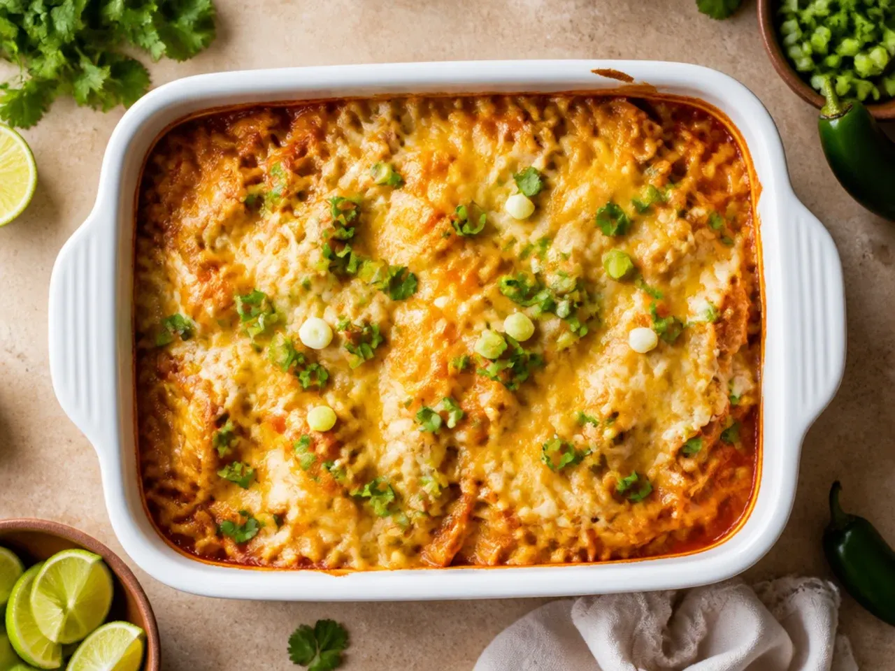 A budget-friendly chicken enchilada casserole made with tinned chicken and beans