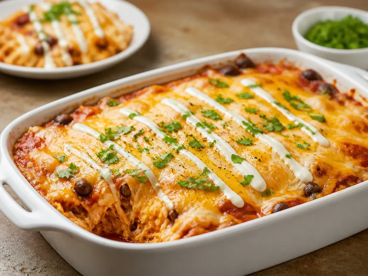 A large slow cooker of chicken enchilada casserole surrounded by bowls of toppings for a crowd