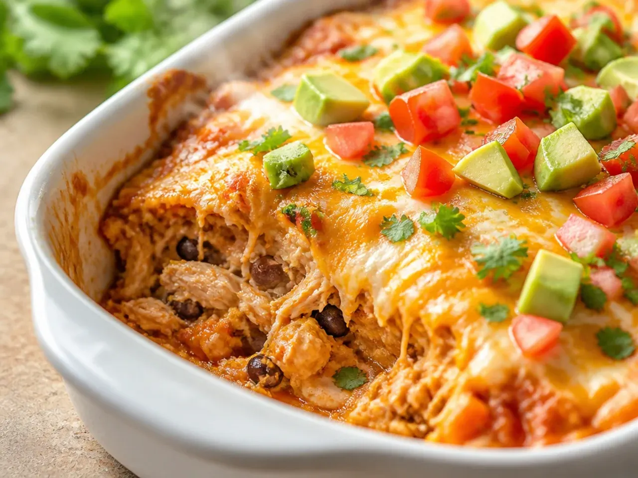A covered slow cooker insert of assembled chicken enchilada casserole ready to refrigerate overnight