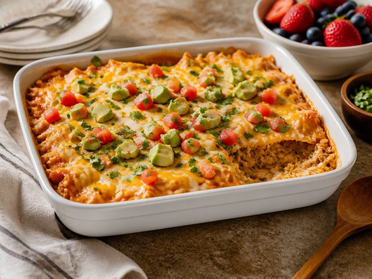 A mild, family-friendly chicken enchilada casserole served with rice alongside