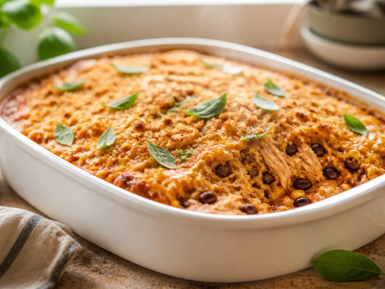 A festive chicken enchilada casserole topped with pomegranate seeds and red onion