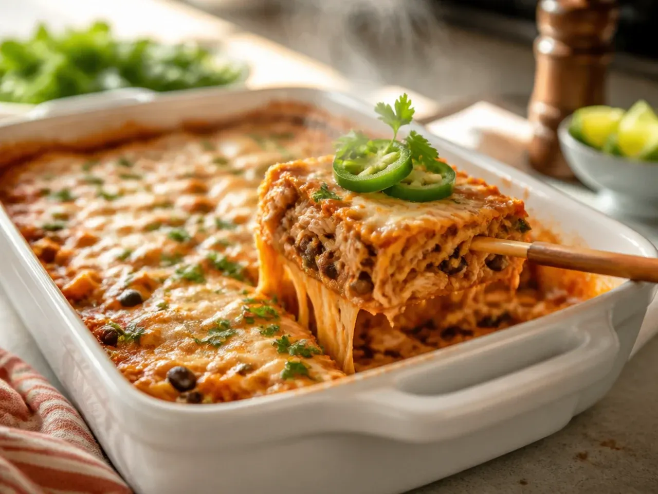Homemade enchilada sauce being poured over layered chicken and tortillas